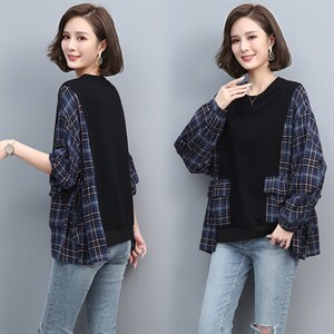 休闲拼接卫衣2021春季新款条纹拼色衬衣女图片