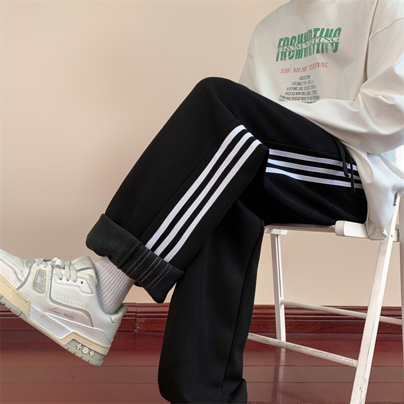 wassuphappy侧边条纹卫裤男款秋冬季加绒加厚直筒运动裤休闲长裤，男装休闲裤，电商B316