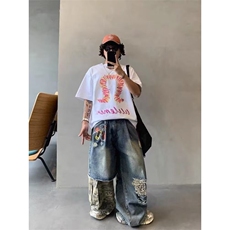 美式复古印花拼接迷彩牛仔裤女设计感个性嘻哈炸街直筒阔腿裤子潮，男装牛仔裤，星座506A