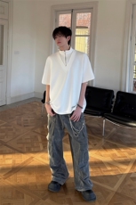 韩系慵懒高级感假两件极简拼接休闲短袖上衣T恤夏季短袖上衣特P42，男装T恤，电商B319