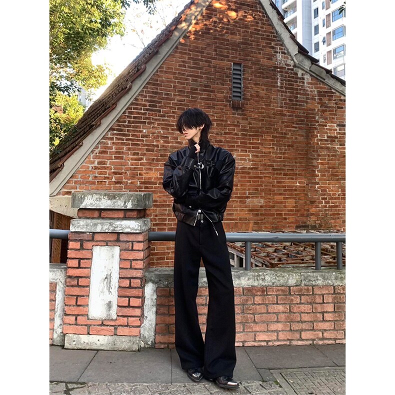 黑色双开拉链pu皮衣外套男款美式hiphop廓形解构短款立领机车夹克,男装夹克,星座310A-4
