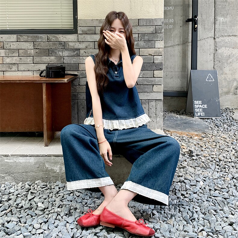 木耳边polo领无袖牛仔背心上衣阔腿裤套装女夏两件套巨好看流行,女装套装/套裙,2C255