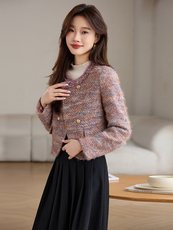 粗花毛呢小外套超短款外搭加棉女装上衣通勤气质小香风裙裤百搭款，女装毛呢外套，婵米儿