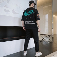 新款夏季潮流时尚短袖T恤男装青少年宽松休闲ins圆领套装F309P68，男装休闲套装，电商A086