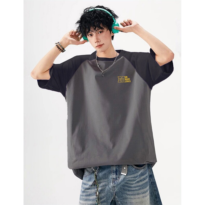 抖音得物高品质二开240克宽松纯棉美式潮牌插肩袖拼接短袖T恤，男装T恤，电商A486-1