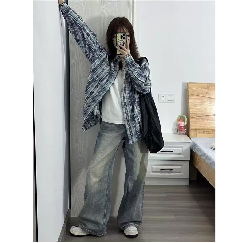 秋季格子男衬衫韩系情侣宽松休闲百搭格纹衬衣外套上衣LS557P35,男装衬衫,星座1013-5