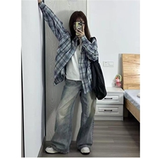 秋季格子男衬衫韩系情侣宽松休闲百搭格纹衬衣外套上衣LS557P35，男装衬衫，星座1013-5