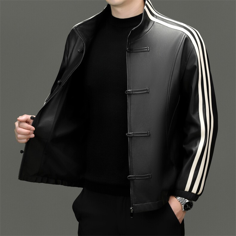 海宁真皮皮衣2025年新款中老年男士条纹复古盘扣绵羊皮夹克外套秋，男装夹克，电商B360A（原721A）