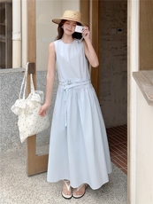 《现货26年夏上新》收腰显瘦无袖圆领A字摆遮肉藏胯休闲连衣裙女，女装连衣裙，时尚风爆