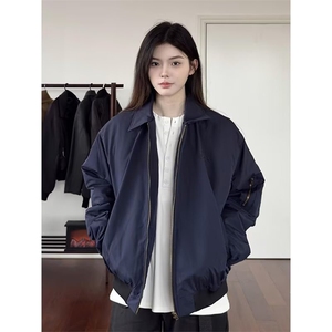 美式复古藏青色飞行夹克外套潮牌高级感cleanfit翻领短款棒球服图片