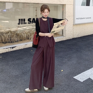 高级感复古气质马甲阔腿裤T恤套装女2025秋季新款时尚减龄三件套图片