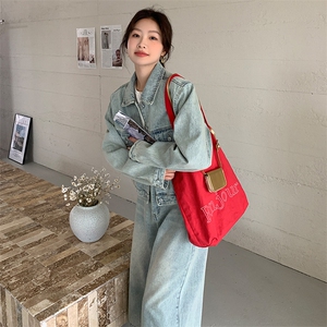 浅蓝色复古牛仔套装女2025春新款甜酷风时尚外套七分阔腿裤两件套图片