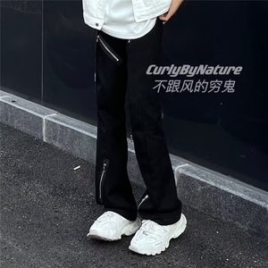 美式高街Vibe风拉链牛仔裤ins潮牌喇叭裤加绒阔腿裤K6087-P48网图图片