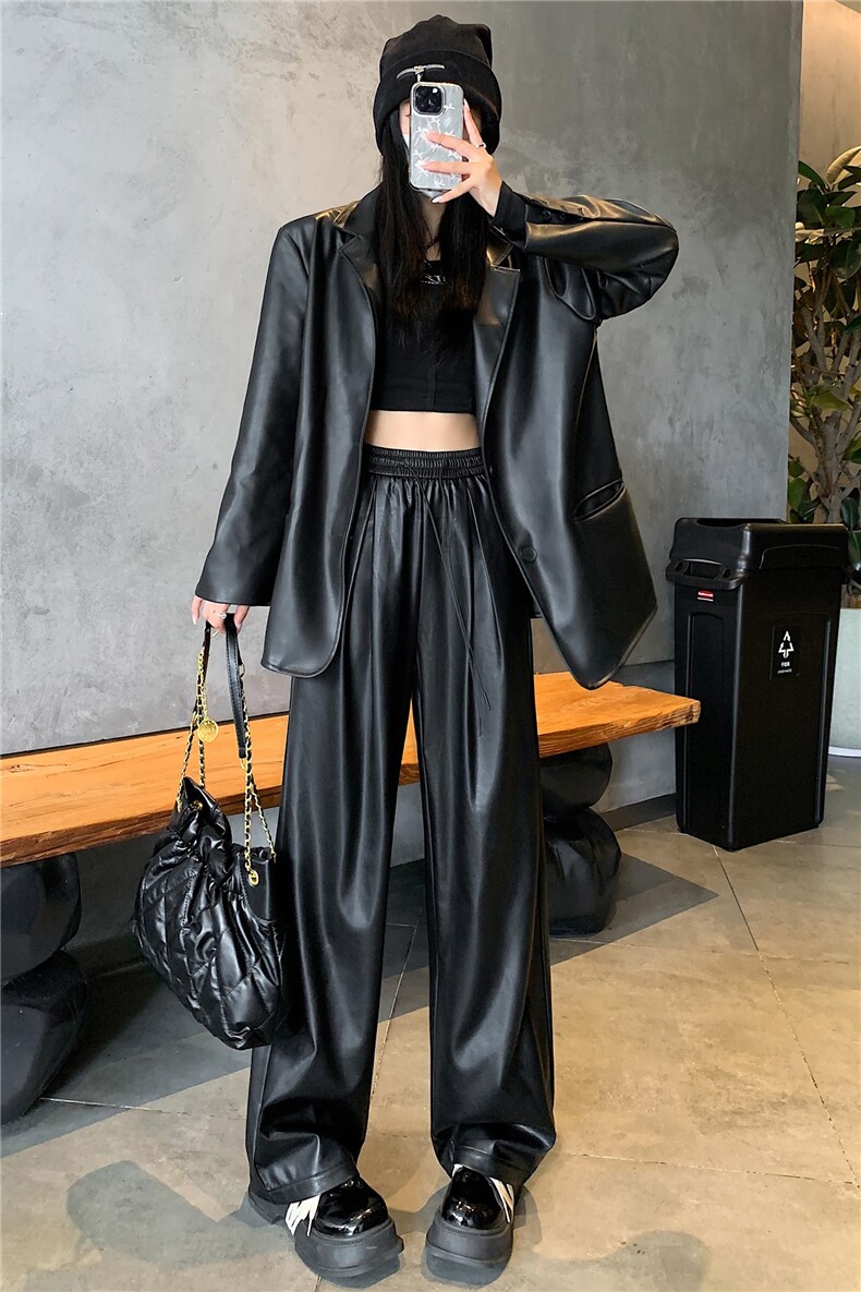皮裤女2024秋季新款高腰休闲裤软皮PU皮潮酷拖地阔腿裤子,女装休闲裤,梦白服饰厂