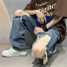 复古做旧牛仔裤男夏季破洞小众坠感宽松直筒拖地裤子ins潮流百搭，男装牛仔裤，星座601-2