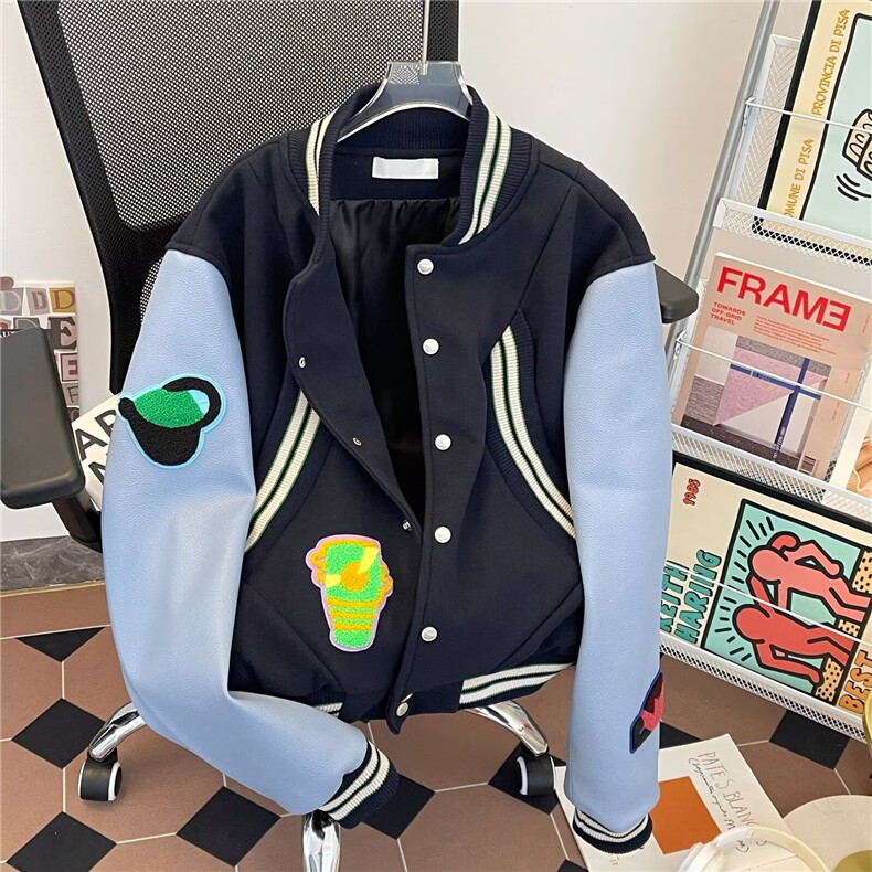 美式拼接徽章刺绣毛呢棒球服夹克男女潮牌外套2025春秋W6716-P68图片