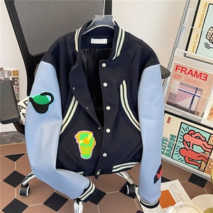 美式拼接徽章刺绣毛呢棒球服夹克男女潮牌外套2025春秋W6716-P68图片