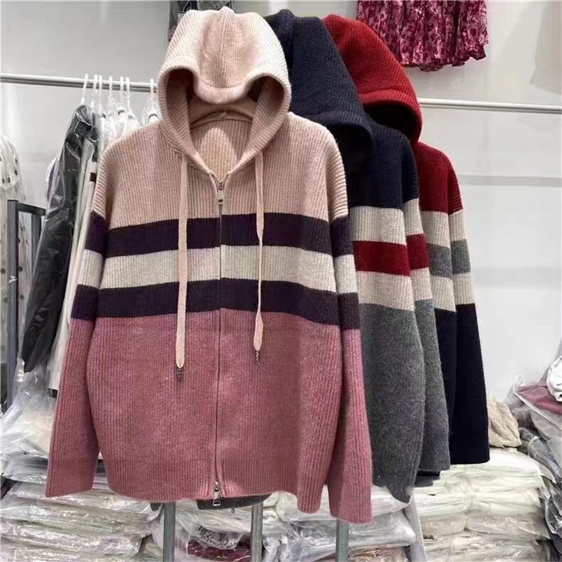 时尚条纹加厚拉链帽衫 舒适保暖女装针织衫 多色可选图片