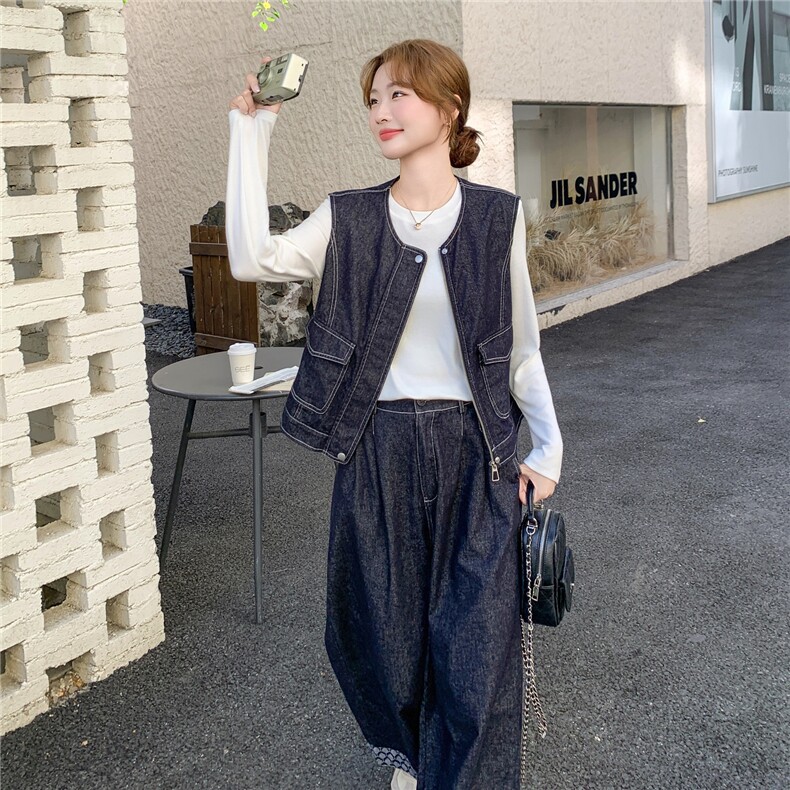 韩系穿搭休闲牛仔套装女春秋超火减龄气质显瘦马甲阔腿裤三件套图片