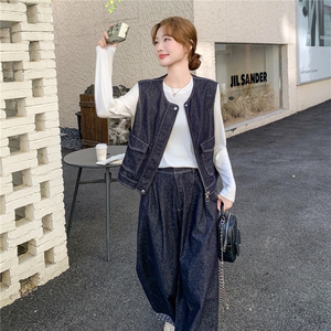 韩系穿搭休闲牛仔套装女春秋超火减龄气质显瘦马甲阔腿裤三件套图片
