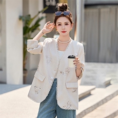 2025春新款新中式刺绣西装外套女高级感显瘦V领气质西服上衣，女装西装，妙形