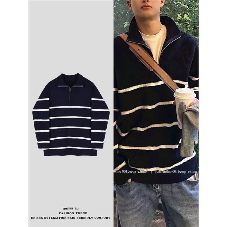 1506-1/MM0111/P49加厚半拉链条纹毛衣男士立领冬宽松针织衫男图片