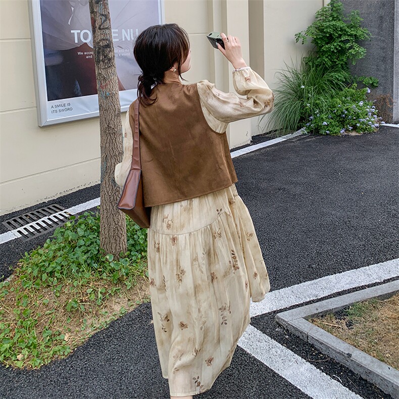 高级感碎花连衣裙套装女2024秋季新款法式复古马甲气质长裙两件套,女装套装/套裙,2C098