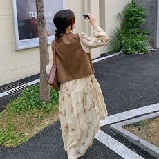 高级感碎花连衣裙套装女2024秋季新款法式复古马甲气质长裙两件套，女装套装/套裙，2C098