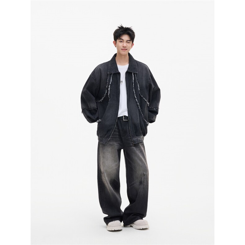得物品质秋款男牛仔夹克衫流苏拼接复古宽松外套JK4003P80,男装工装外套,星座1013-1