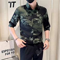 咖店主风社会小伙男士七分袖印花衬衫男衬衣301A-1/CS585/P55，男装衬衫，星座301A-1
