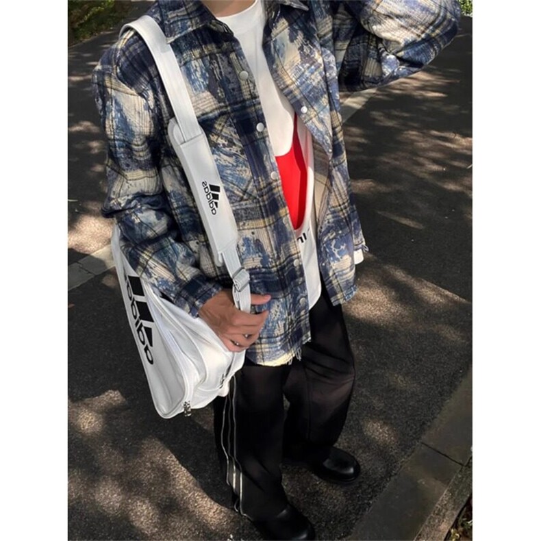 水墨晕染格纹衬衫外套做旧破坏扎染毛边格子长袖衬衣CS001-P65,男装衬衫,星座908