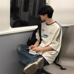 夏季美式高街重磅纯棉三条杠织带撞色男女短袖T恤ZD353-特P30图片