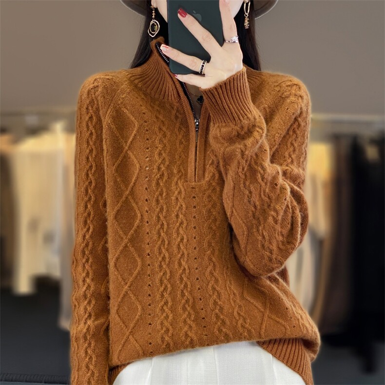 23秋冬新款立领半拉链扭花重工100%羊绒衫女绞花宽松加厚羊毛打底图片