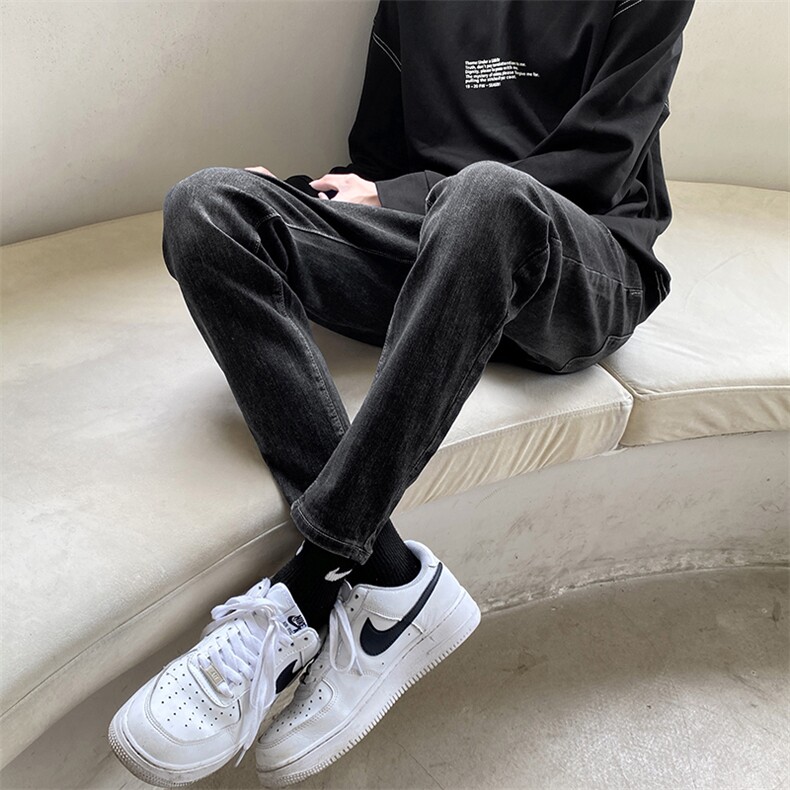 春秋季轻熟风休闲裤男黑灰色修身小脚男裤微弹力牛仔裤919/P68，男装牛仔裤，星座1412-1