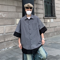 短袖衬衫男宽松假两件上衣ins港风夏季薄款衬衣外套C0513-P35，男装衬衫，星座308B-2