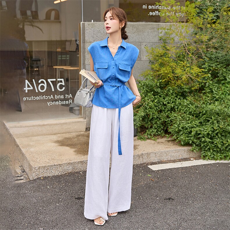 轻熟风气质套装女2025夏季新款时尚显瘦无袖马甲衬衫阔腿裤两件套,女装套装/套裙,艾仟回(原伊仟回)