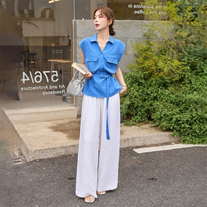 轻熟风气质套装女2025夏季新款时尚显瘦无袖马甲衬衫阔腿裤两件套图片