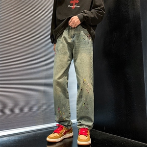 美式街头水洗泼墨刺绣牛仔裤男士痞帅直筒做旧老爹长裤K5955-p45图片