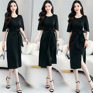 舒适时尚潮流连衣裙短袖2022年夏季中长款圆领休闲五分袖圆领,女装连衣裙,火爆靓佳人