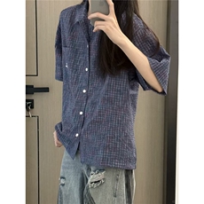 日系复古格纹短袖衬衫女夏季宽松休闲男女款衬衣潮ACS316，男装T恤，星座208-5