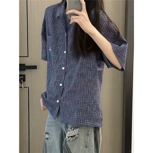 日系复古格纹短袖衬衫女夏季宽松休闲男女款衬衣潮ACS316图片