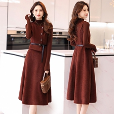 春秋连衣裙女2026新款法式小香风红色收腰内搭打底毛呢背心套装裙，女装套装/套裙，艾贝斯