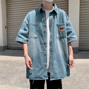 夏季短袖牛仔衬衫男港风日系小众设计感休闲宽松半袖外套C983 p55图片