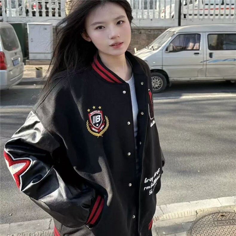 日系徽章撞色字母拼接皮袖棒球服男女秋冬小众情侣宽松外套夹克潮,男装夹克,星座601-1