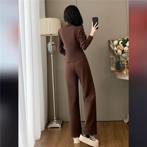 时尚套装女秋季新款洋气减龄修身显瘦半开拉链上衣阔腿长裤两件套
