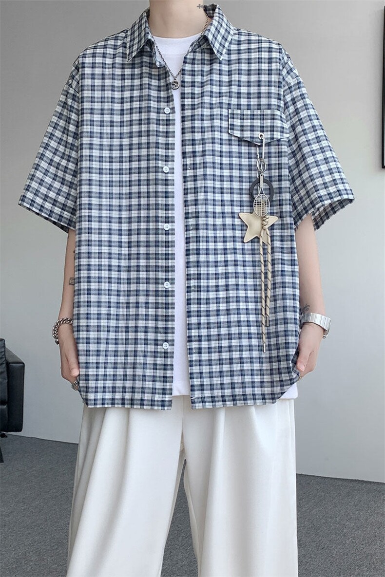 CS1151-特批40控78夏季新款男女格子短袖大码男衬衫（带配件）,男装T恤,电商A059