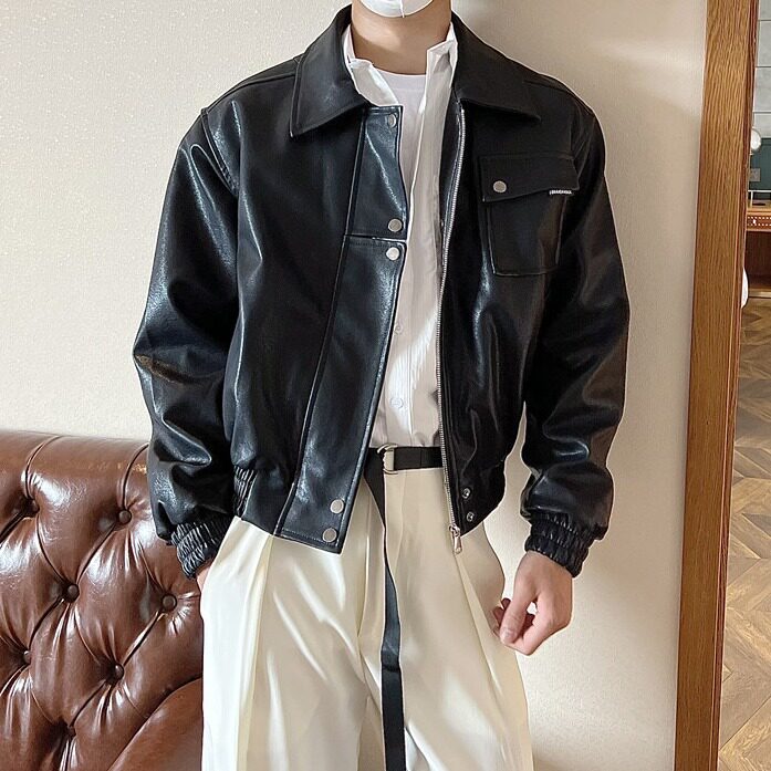 痞帅Pu皮衣小众设计感潮牌双拉链垫肩皮夹克男机车服秋冬高街外套，男装皮衣，星座1210-1