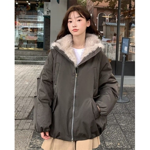 棉服男女冬季加厚连帽毛领外套高级感痞帅夹克棉衣XZ478,ur羊羔毛外套鞋子搭配图片