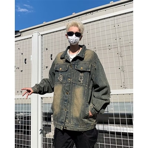 街头美式复古做旧牛仔外套男女宽松潮牌秋季男装休闲破洞夹克上衣图片