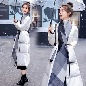 时尚设计感格纹毛呢拼接羽绒服女2025冬季新款气质高端白鸭绒外套图片